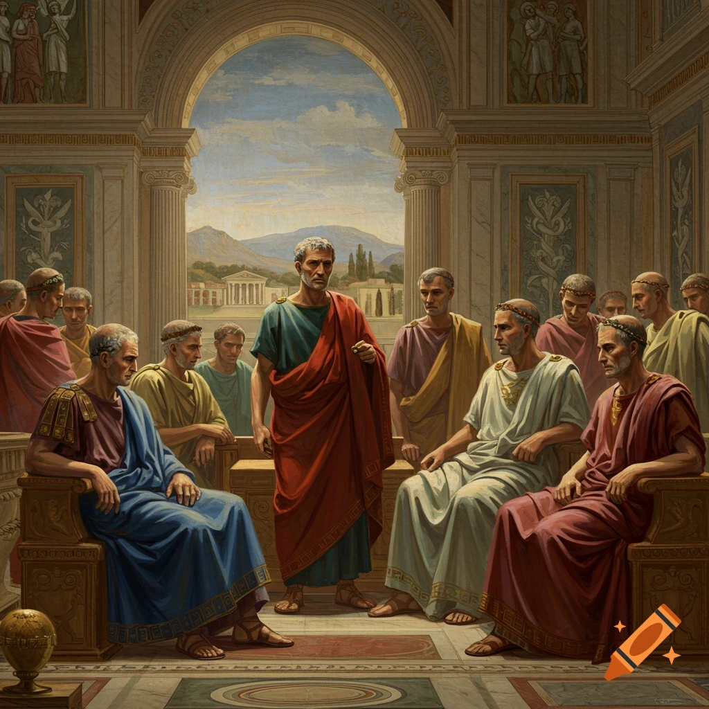 Roman senators gathered in a classical building.