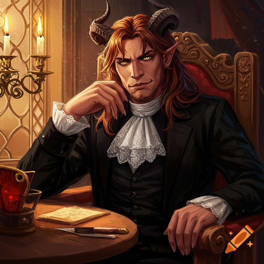 A handsome demon man with horns and long hair sits at a desk, dressed in a suit with a lace collar.