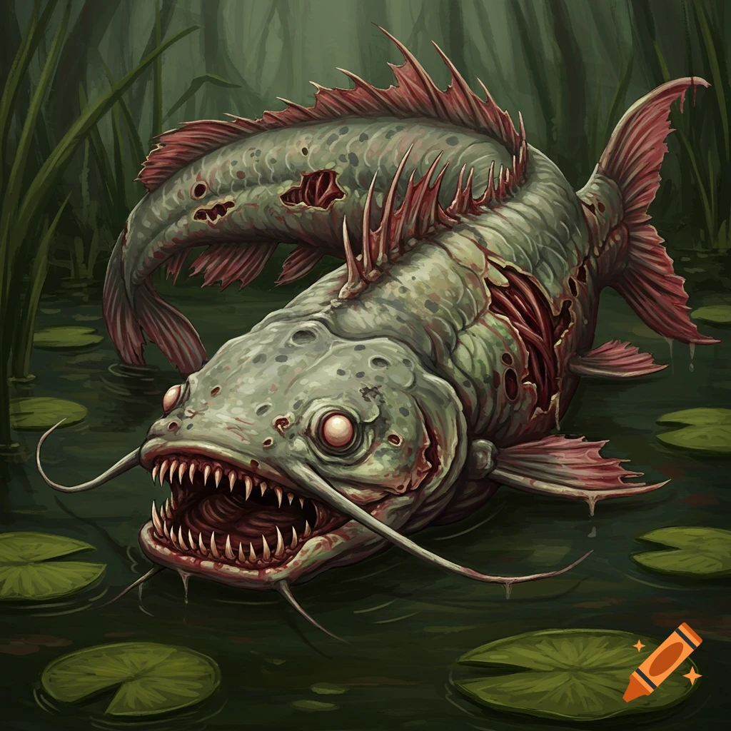 A grotesque zombie catfish with exposed bones and muscle in a swamp