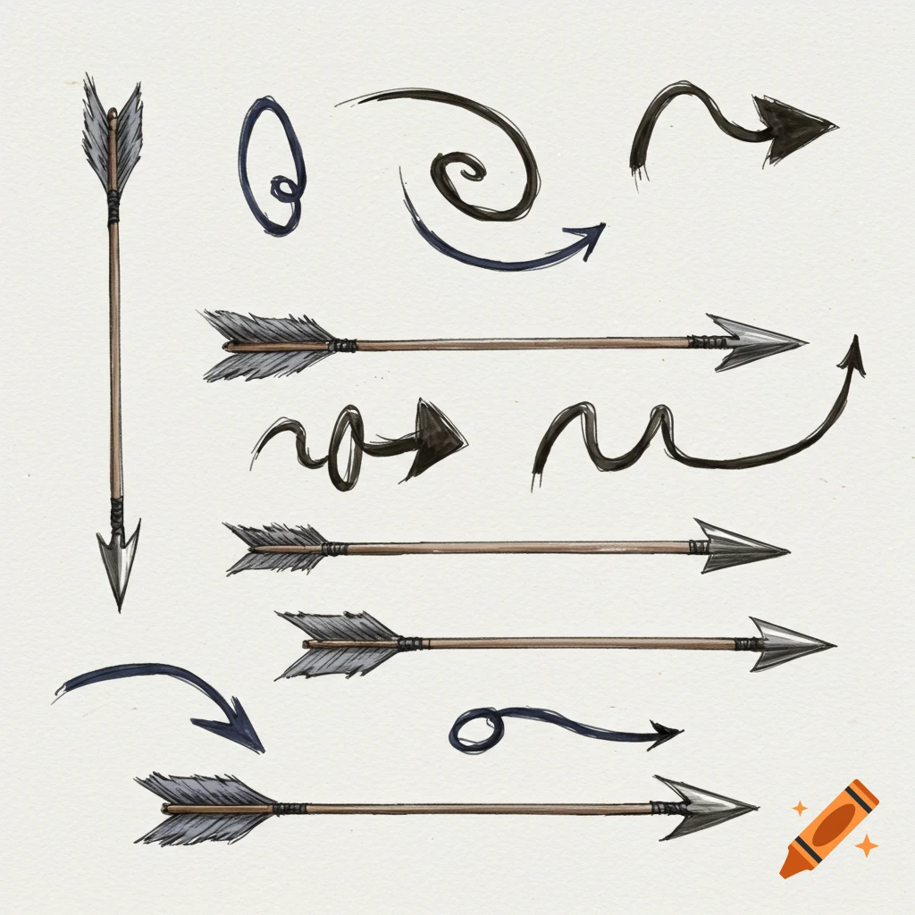 Ink drawing illustration of various arrows and curved lines.