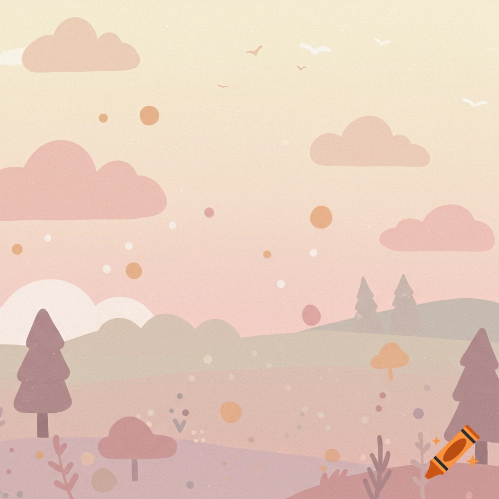 Pastel minimalist landscape with trees, hills, and clouds