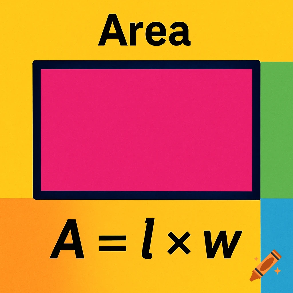 A graphic showing the area formula for a rectangle: A=lw, with a pink rectangle on a colorful background.