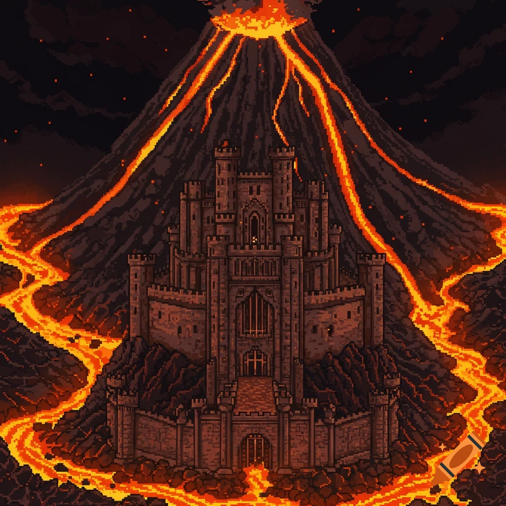 Pixel art castle in front of an erupting volcano with lava flows.