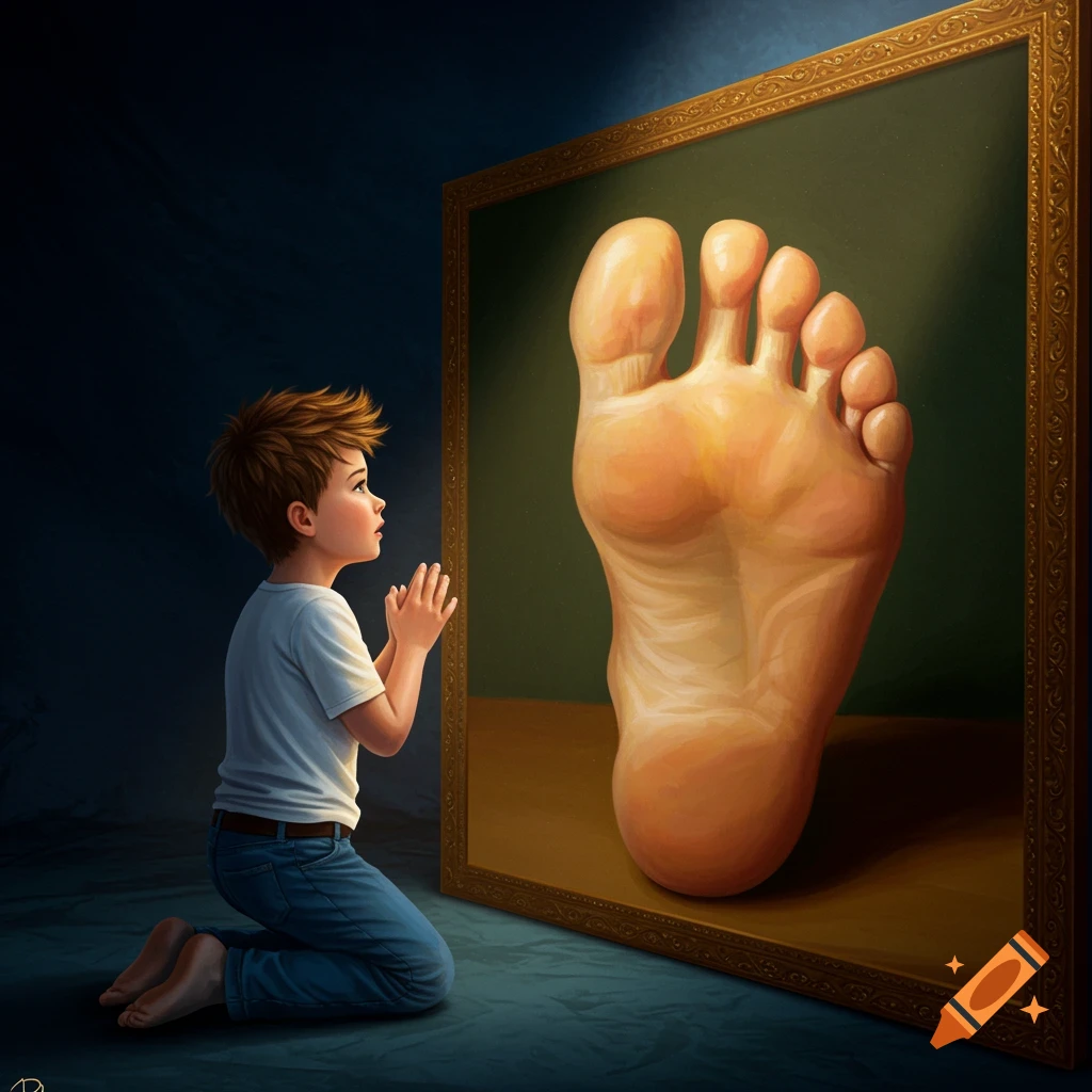 Surreal depiction of a boy praying before a giant foot painting.