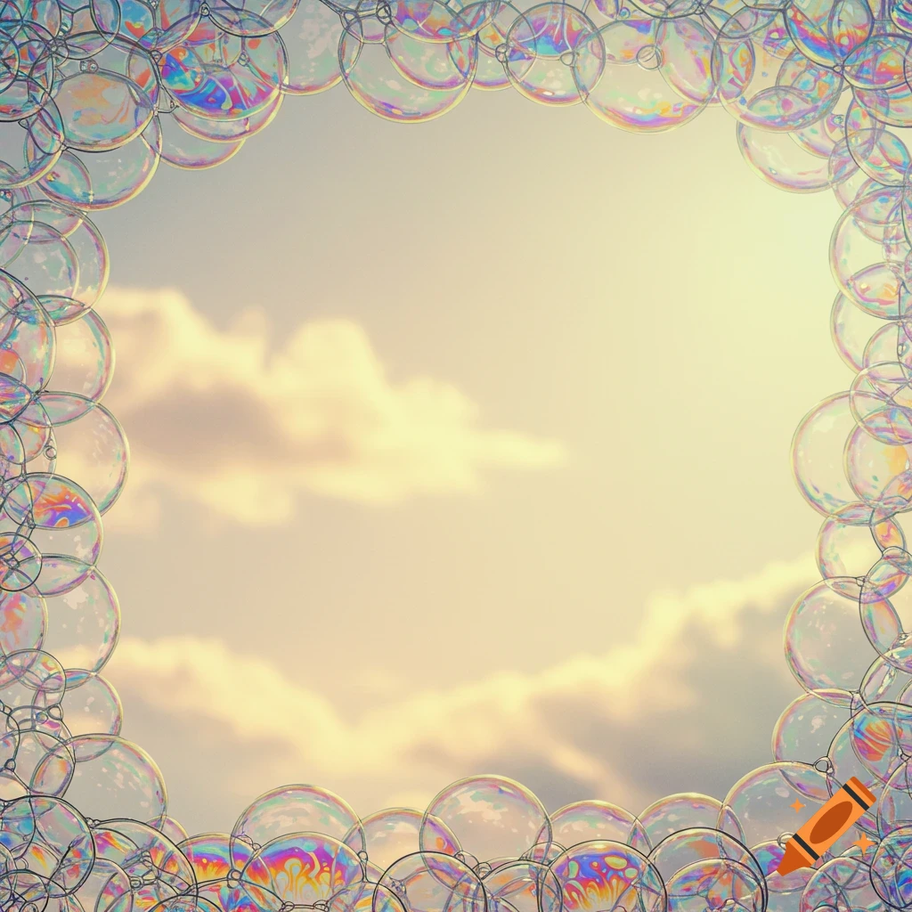 Iridescent soap bubble border around a cloudy sky
