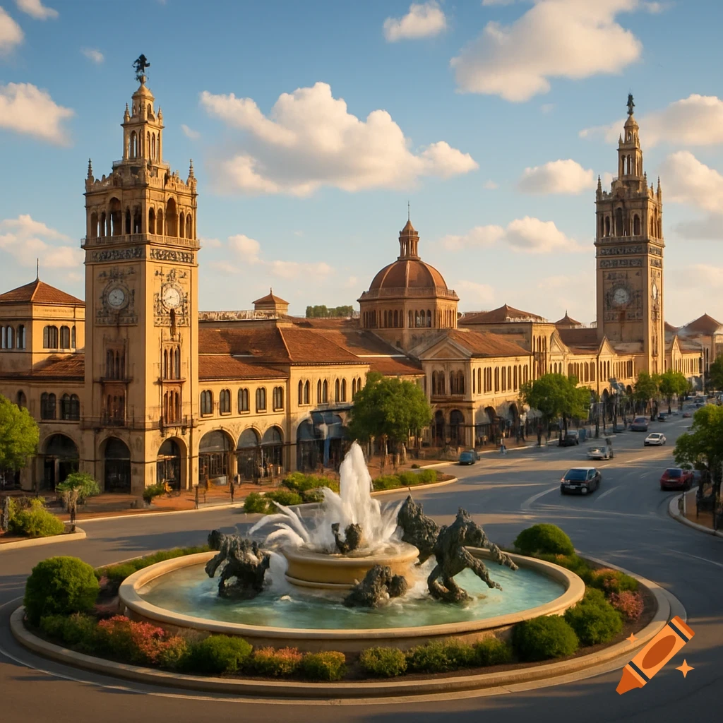 View of a large building with towers and clocks, a fountain in a roundabout, and street with cars under a partly cloudy sky.