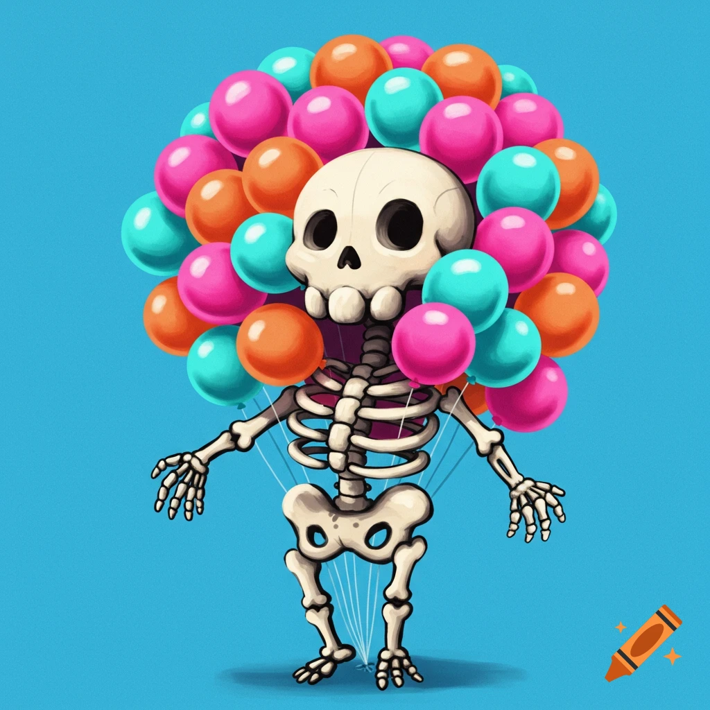 A cartoon skeleton character is suspended by many pink, orange, and teal balloons against a blue background.