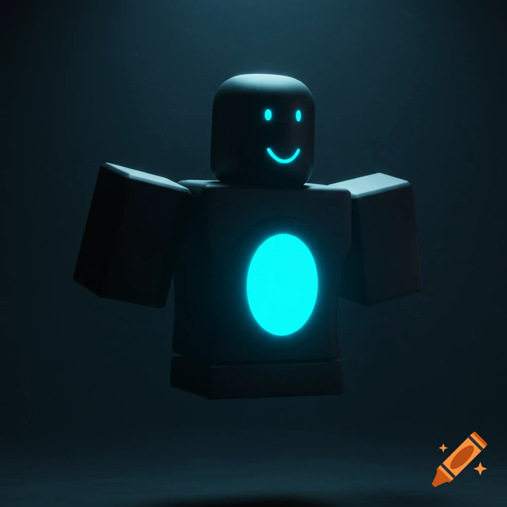 A dark gray robotic figure with glowing blue eyes and chest circle, 3D render