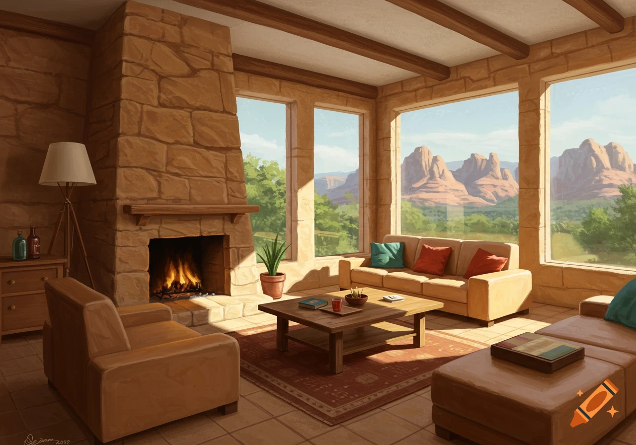 A living room with a fireplace and large windows overlooking mountains.