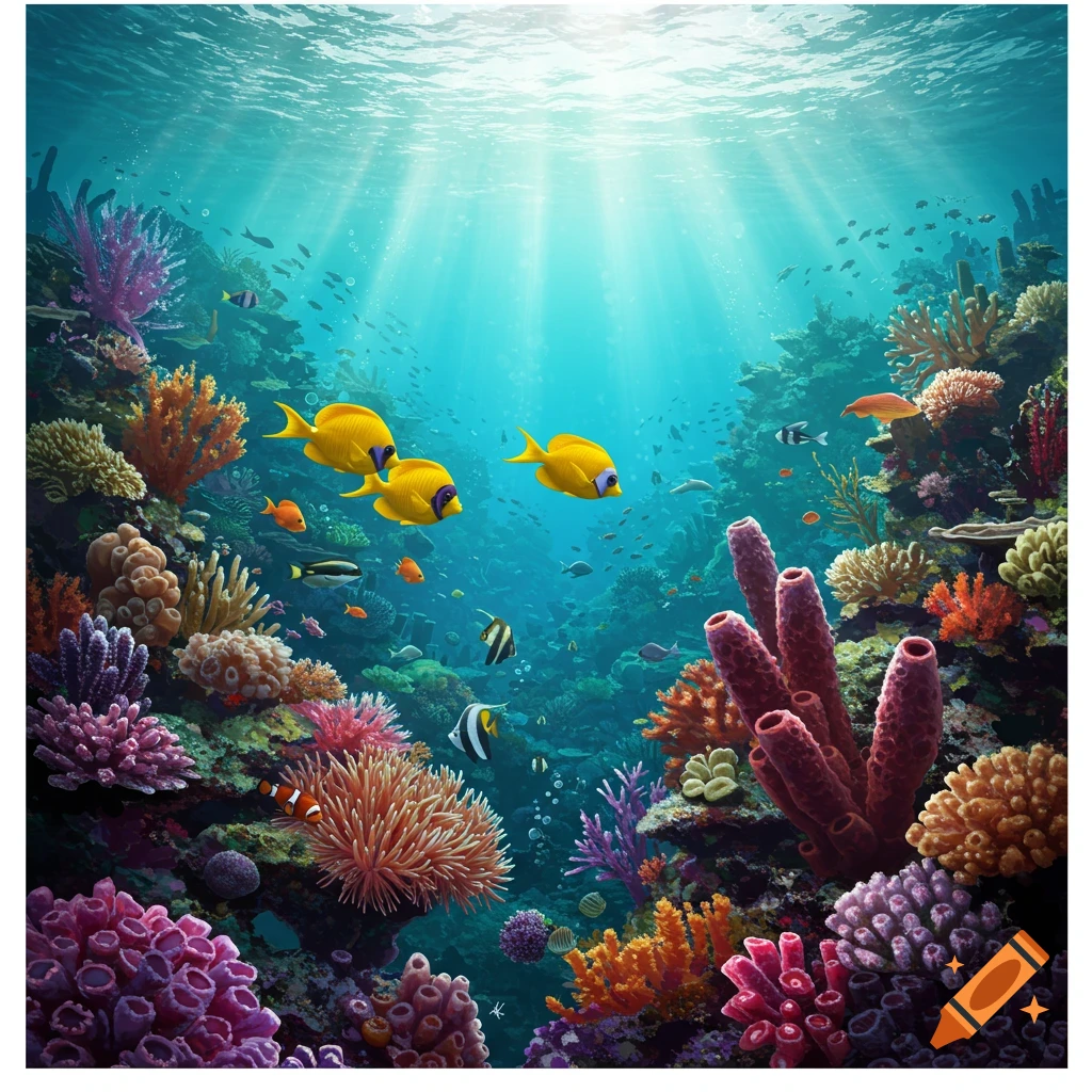 A vibrant coral reef with colorful fish and sunbeams shining through the water.
