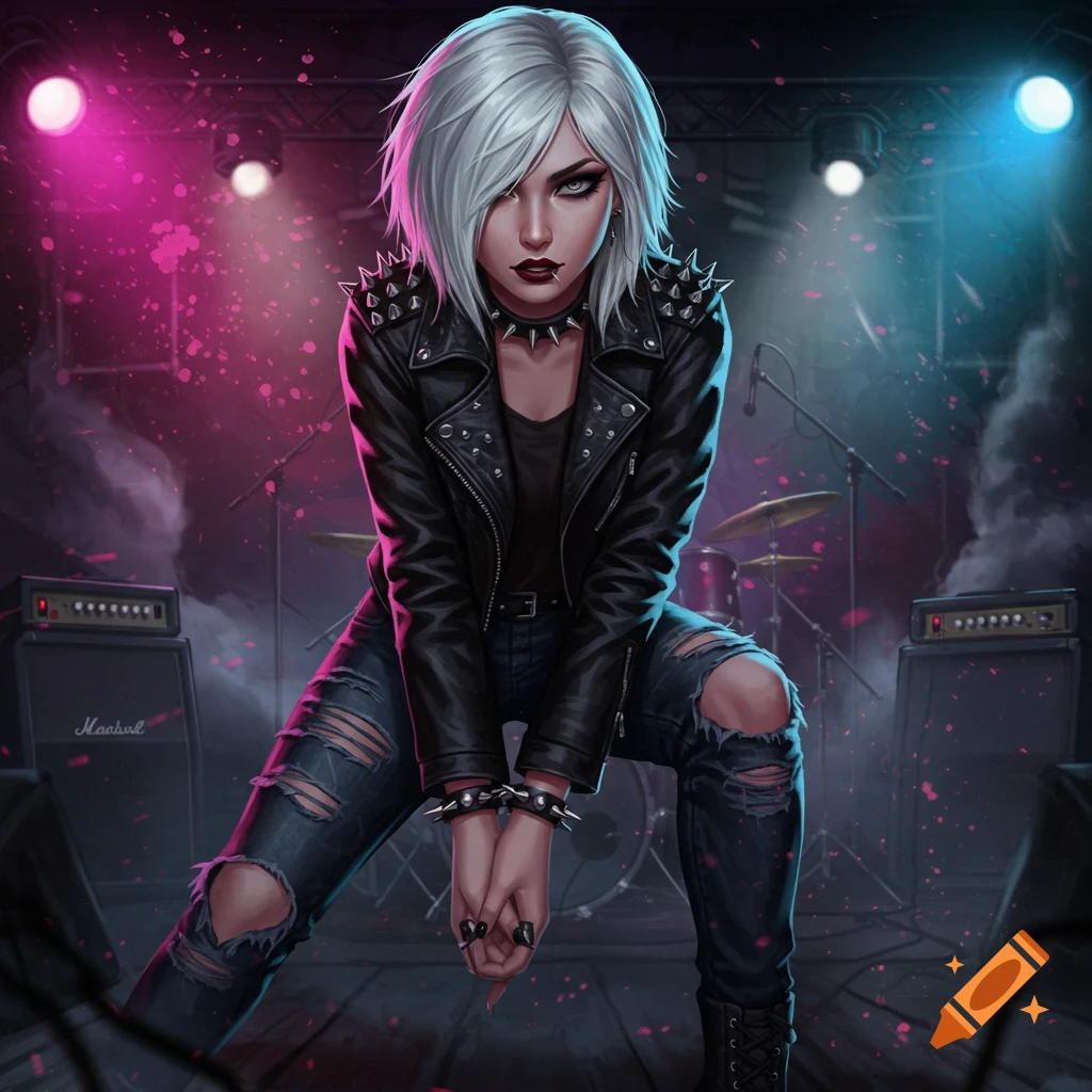 A silver-haired rockstar woman is on a stage, wearing a leather jacket and ripped jeans.