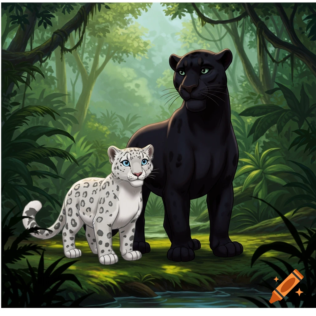 A black panther and a snow leopard cub stand in a jungle in a cartoon animation style.