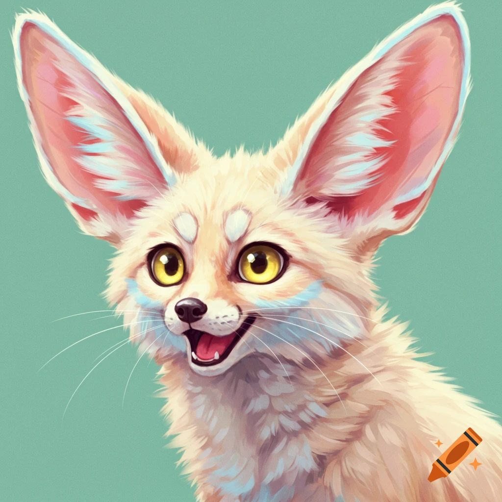 A headshot of a fennec fox with large ears and bright yellow eyes.