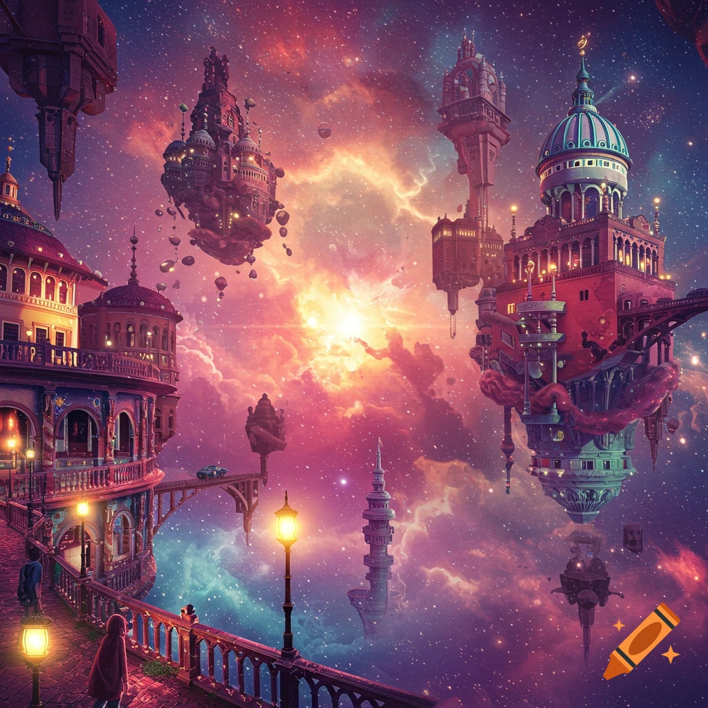 Fantastical floating city in a starry, colorful sky with nebulae.