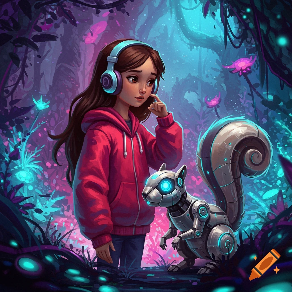A young girl with headphones and a robotic squirrel in a vibrant, glowing digital forest.