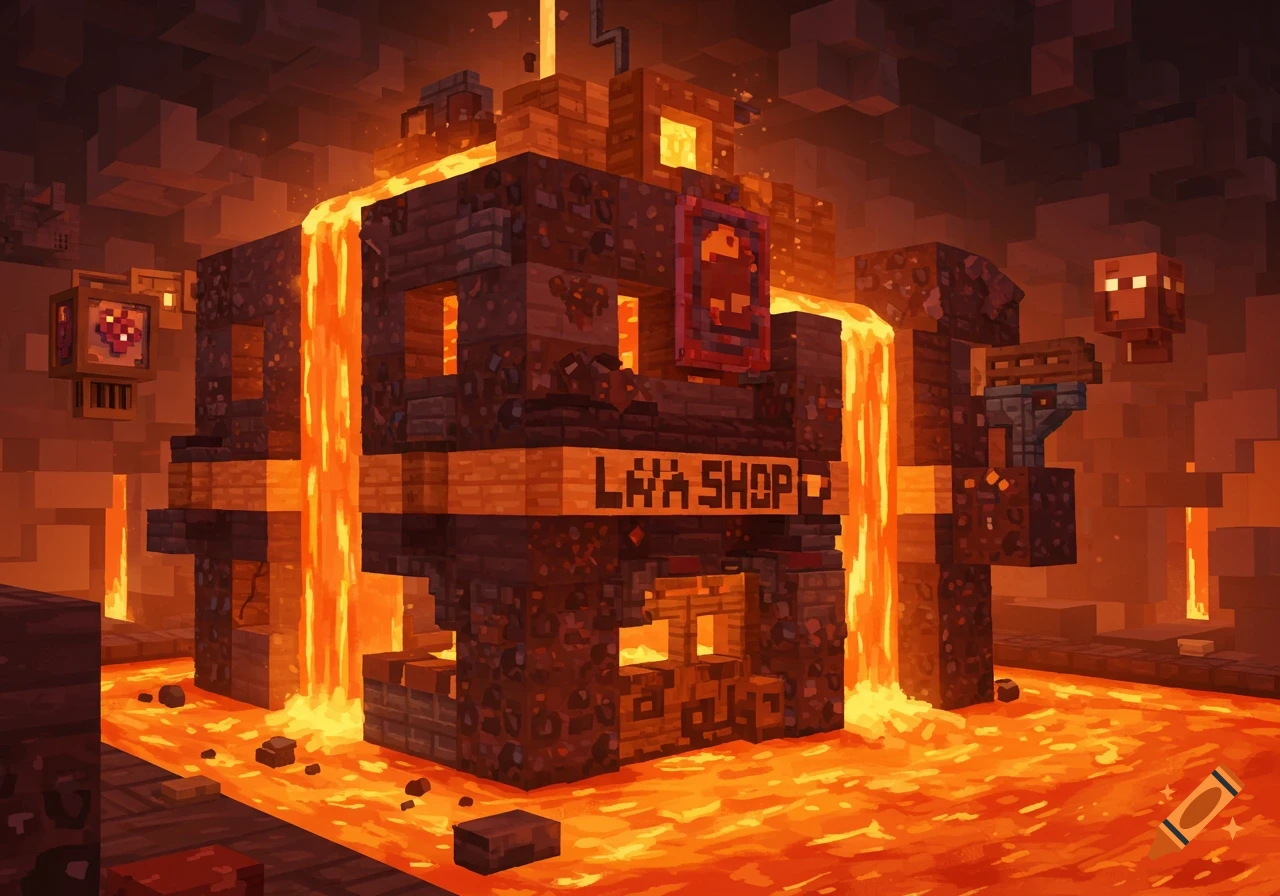 Blocky 'Lava Shop' building in a glowing lava cave