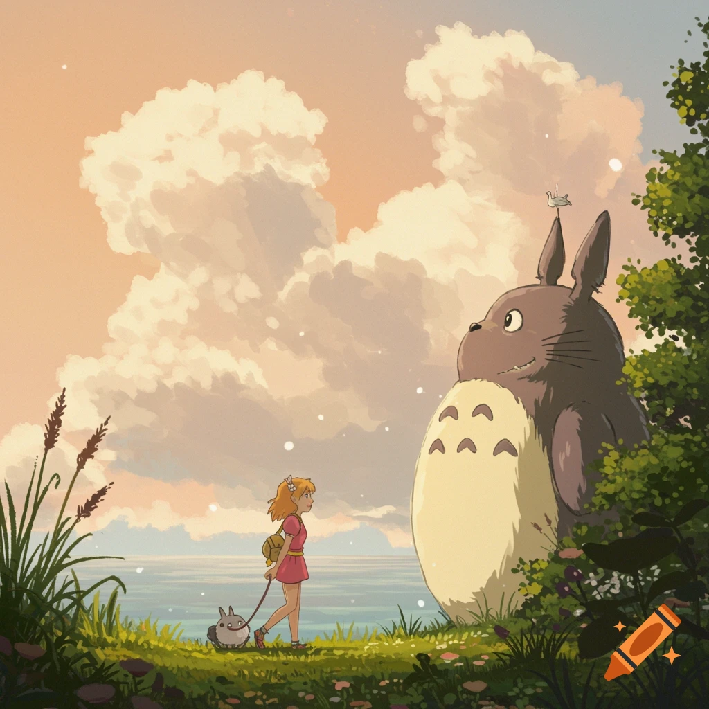 A girl walks with a large fluffy creature by the sea, Ghibli style.