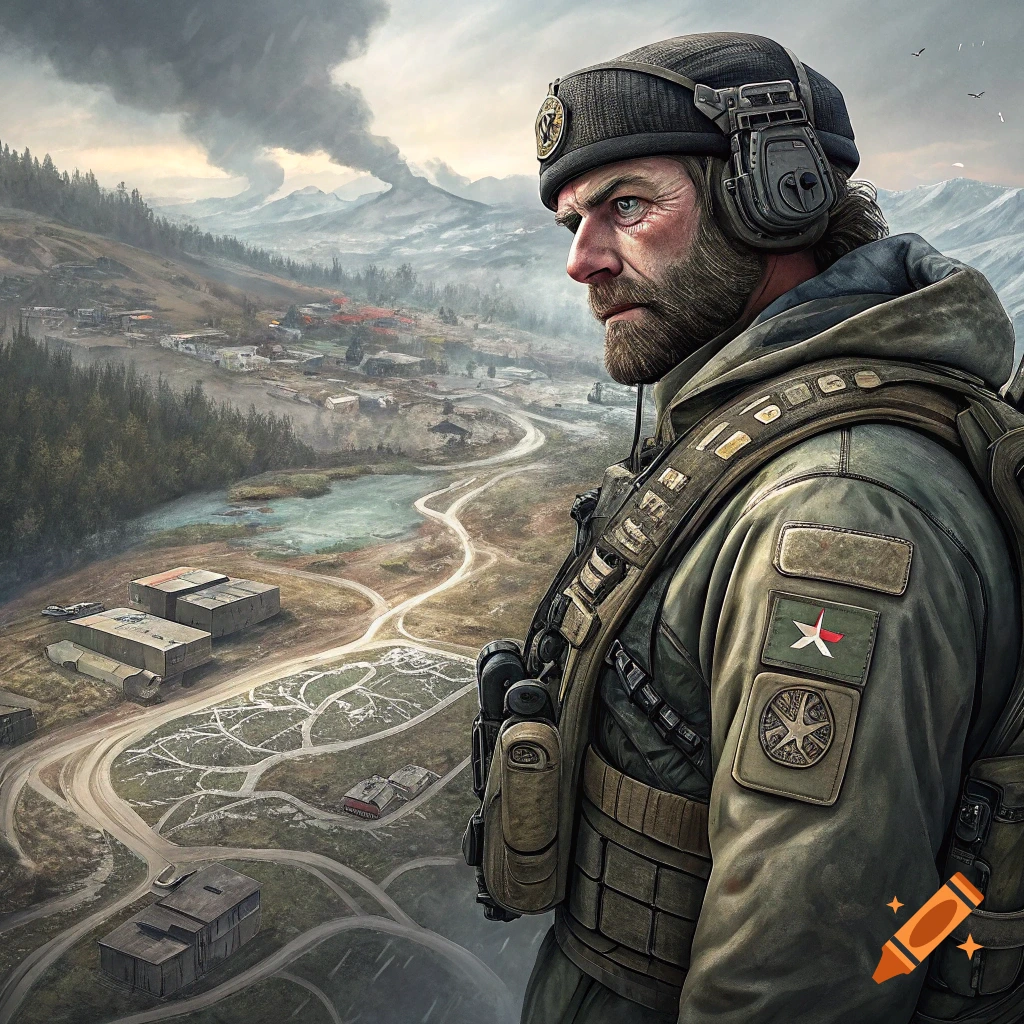 A soldier in military gear looks over a vast valley landscape with buildings and smoke.