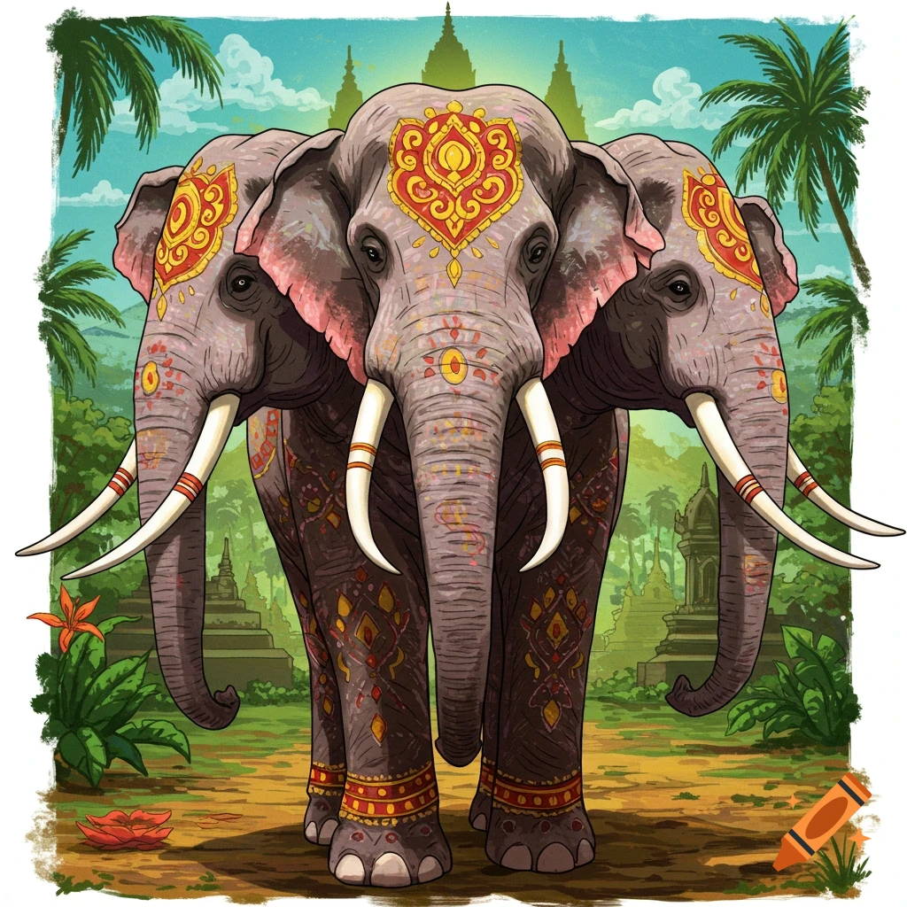 An ornate three-headed elephant is in a jungle with temples.
