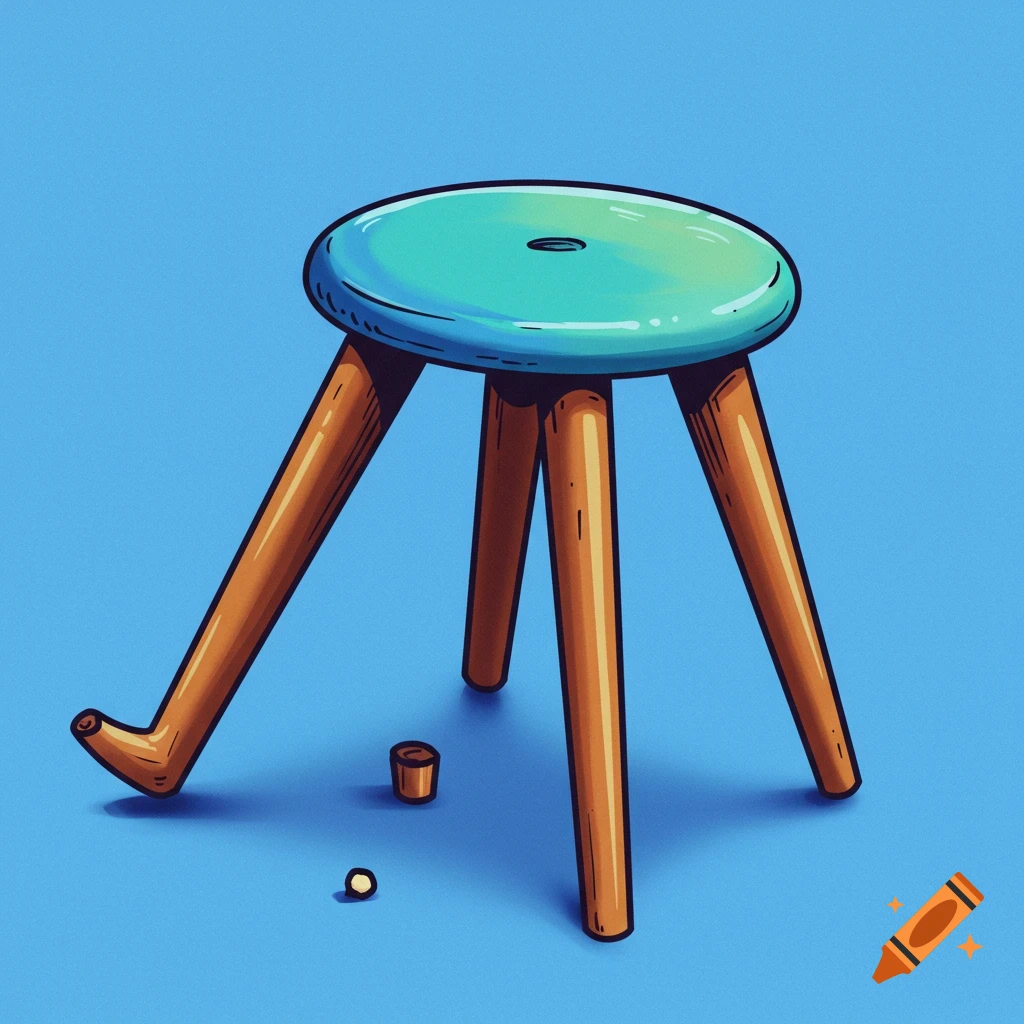 Digital illustration of a stool with bent and uneven legs on a blue background.