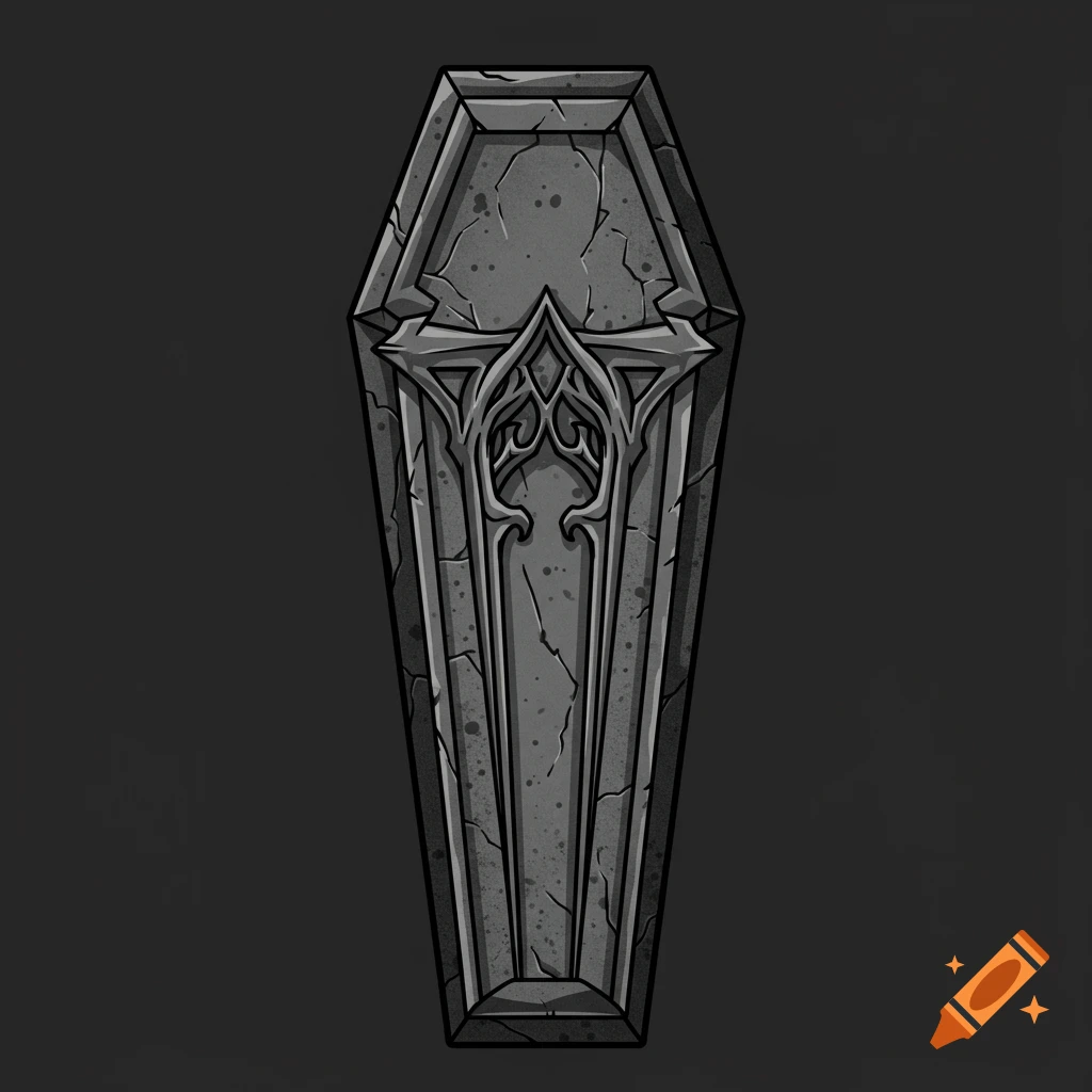 A brutalist gothic stone coffin standing upright, vector graphic