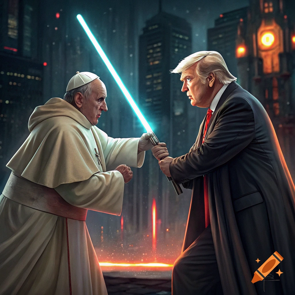 Pope Francis and Donald Trump engage in a lightsaber duel in a futuristic city.