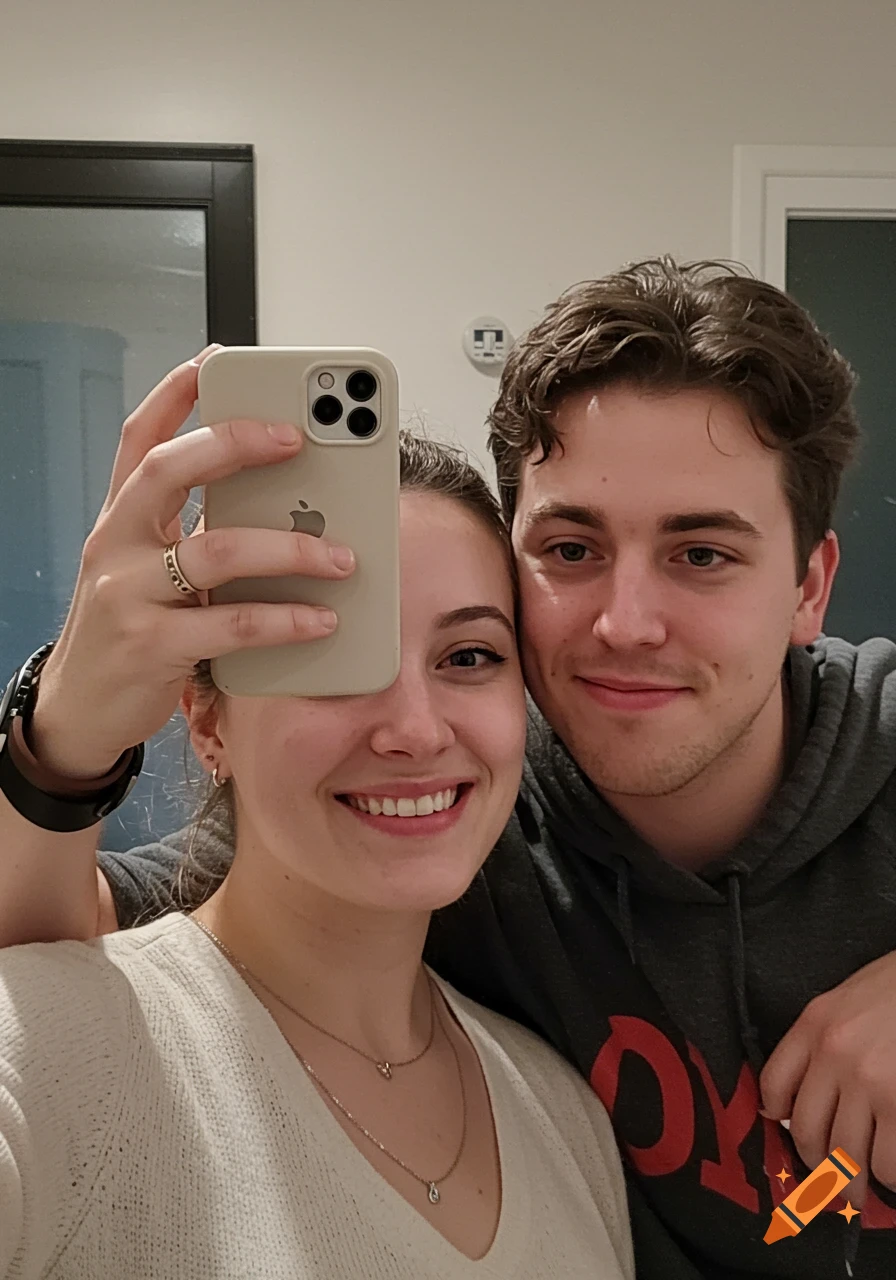 A couple taking a selfie, with the woman holding a phone in front of her face.