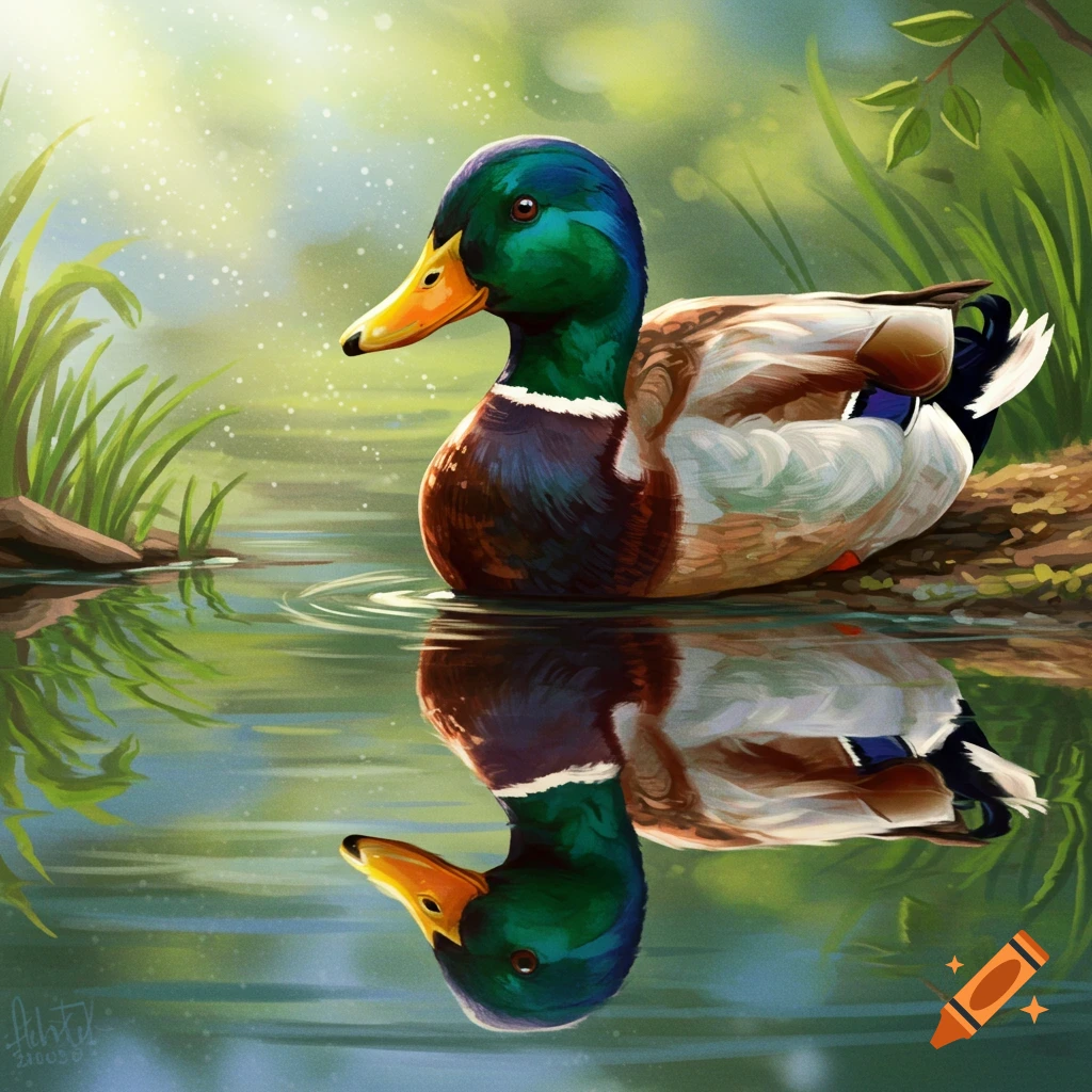 A mallard duck is shown by a pond, its reflection visible on the water.