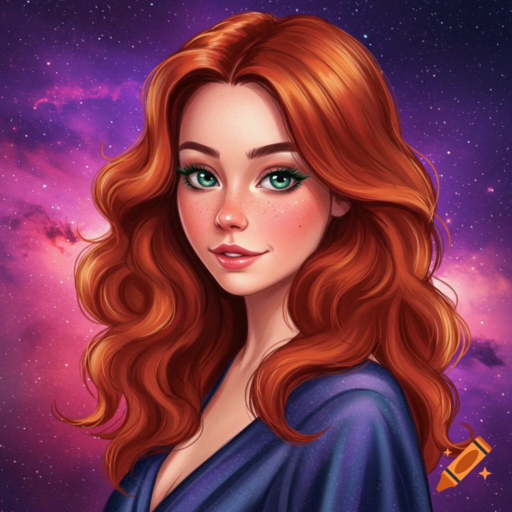 A woman with red hair, green eyes, and freckles is shown against a galaxy background.