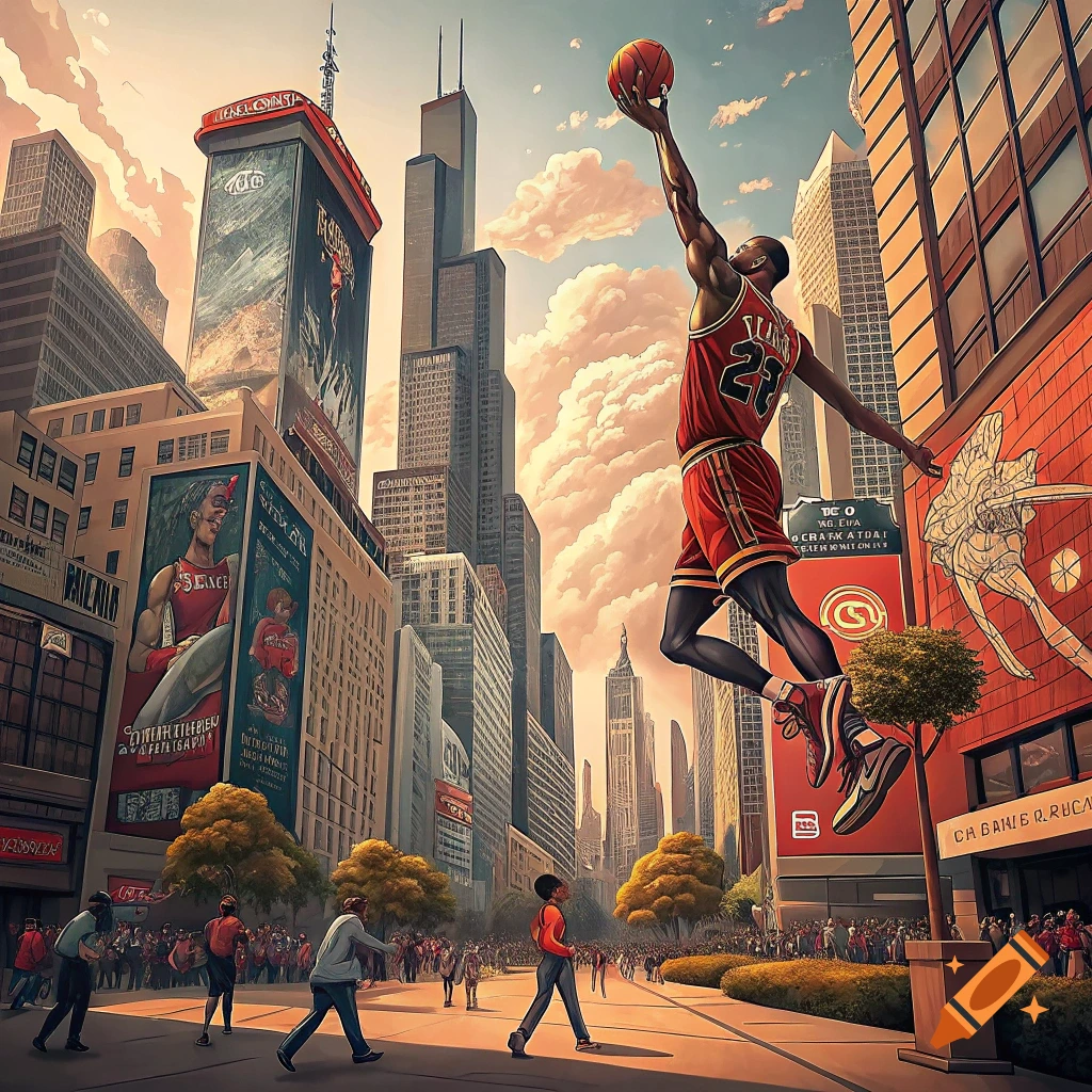 Illustrative painting of a basketball player dunking in a city street over a crowd.