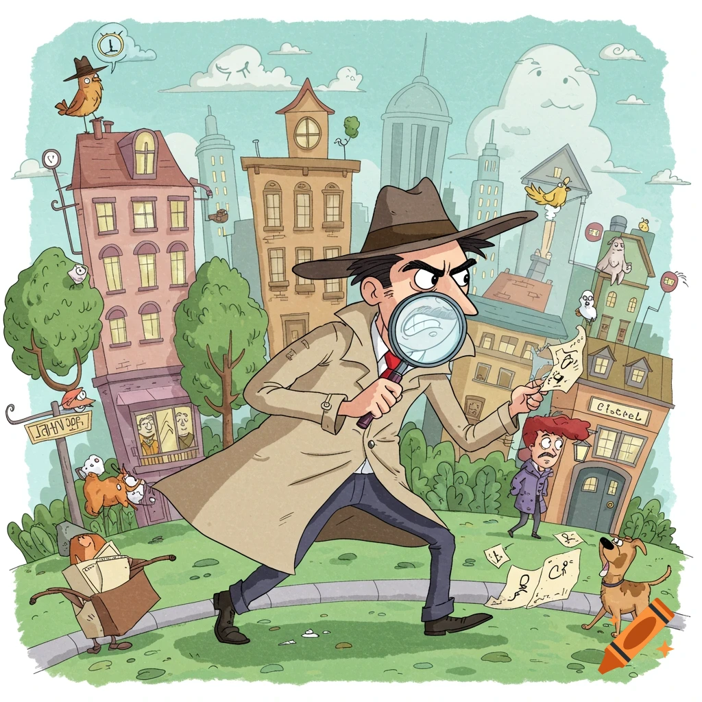 A cartoon detective searches a city street with a magnifying glass, looking at papers.