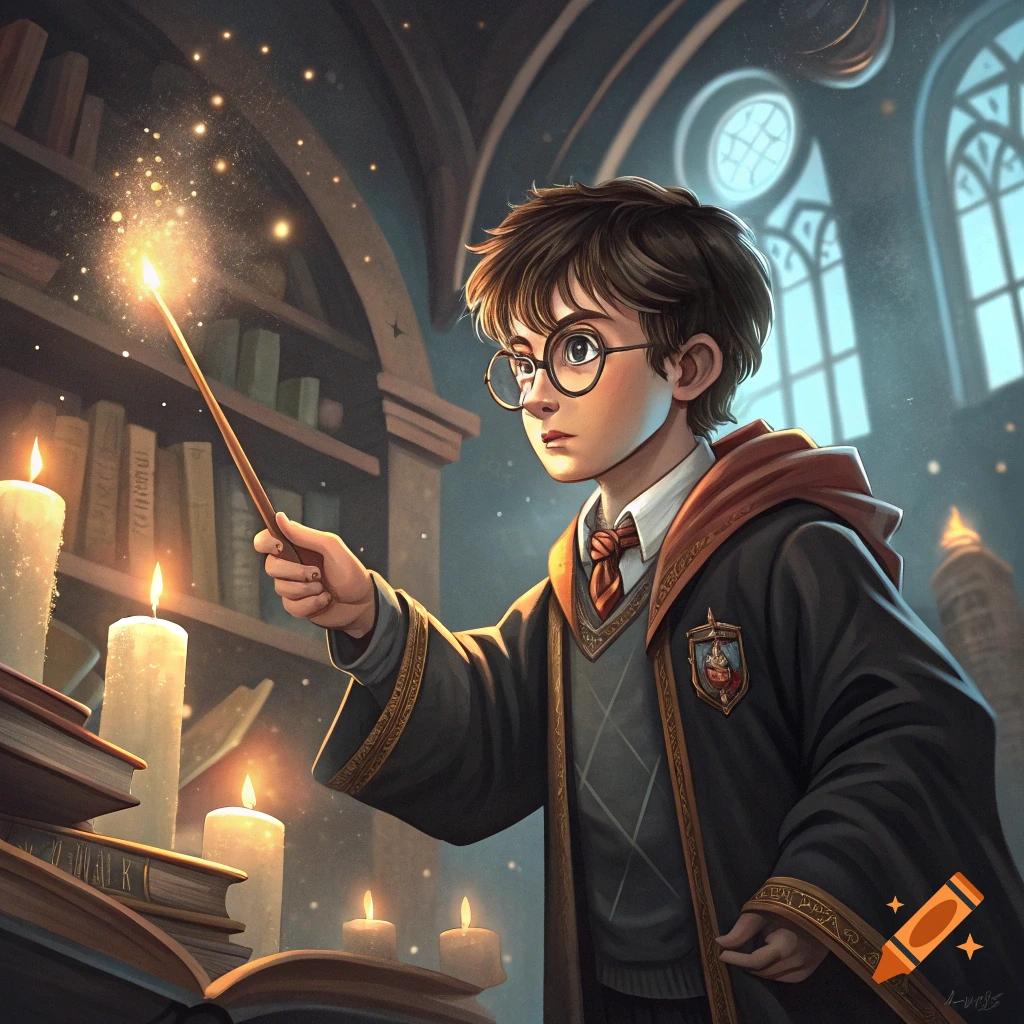 An illustration of a young wizard in a library, holding a glowing wand among books and candles.