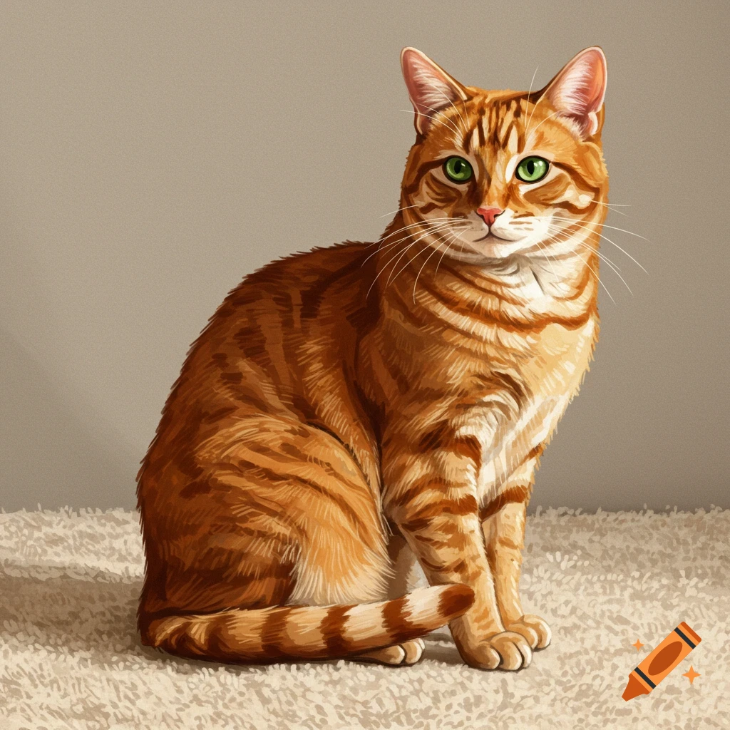 An orange tabby cat sitting on a carpet.