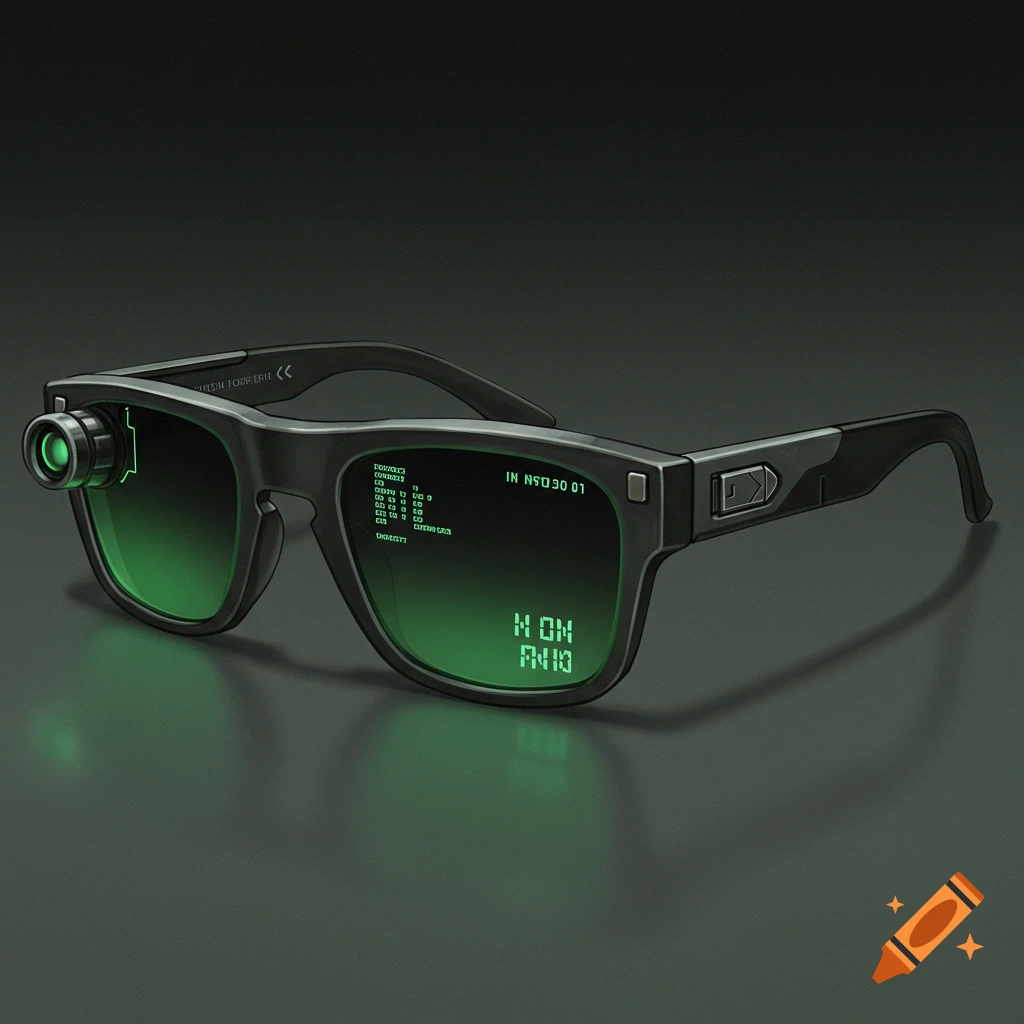 Futuristic black night vision sunglasses with green digital displays on the lenses.