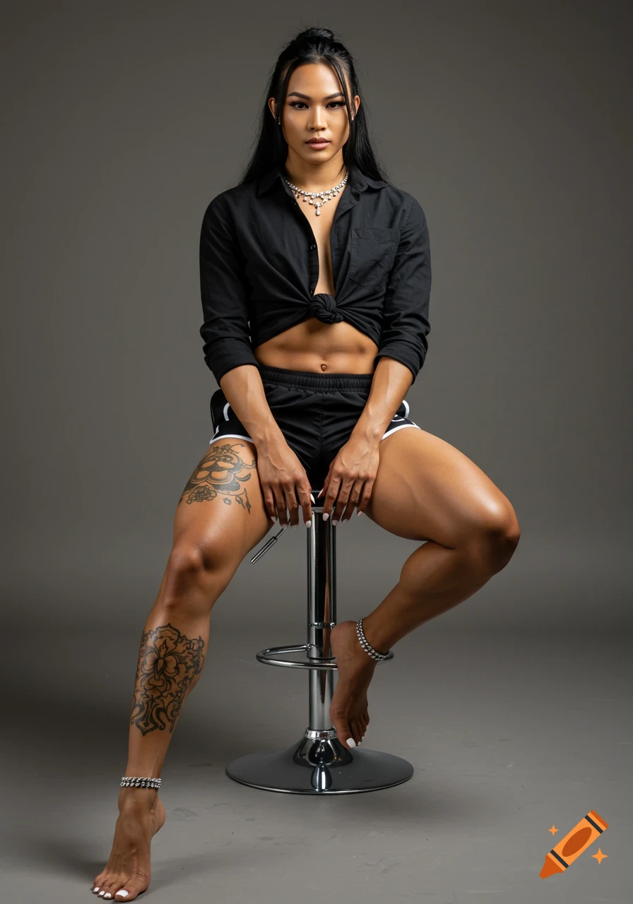 Muscular person sitting on a stool in a studio, wearing a tied shirt and shorts, with leg tattoos.
