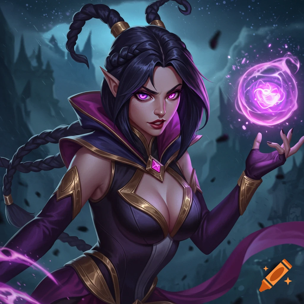A dark-haired sorceress casts a purple magic orb against a stormy castle backdrop.
