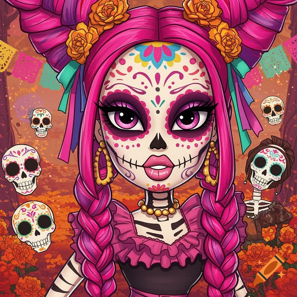 Stylized sugar skull girl with pink hair and braids, surrounded by skulls and marigolds in Day of the Dead illustration style.
