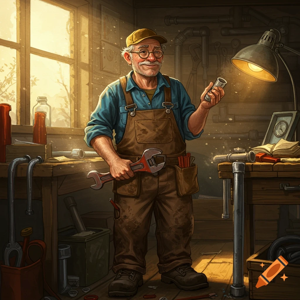An old plumber is shown in a sunlit workshop, holding a wrench and pipe fitting.