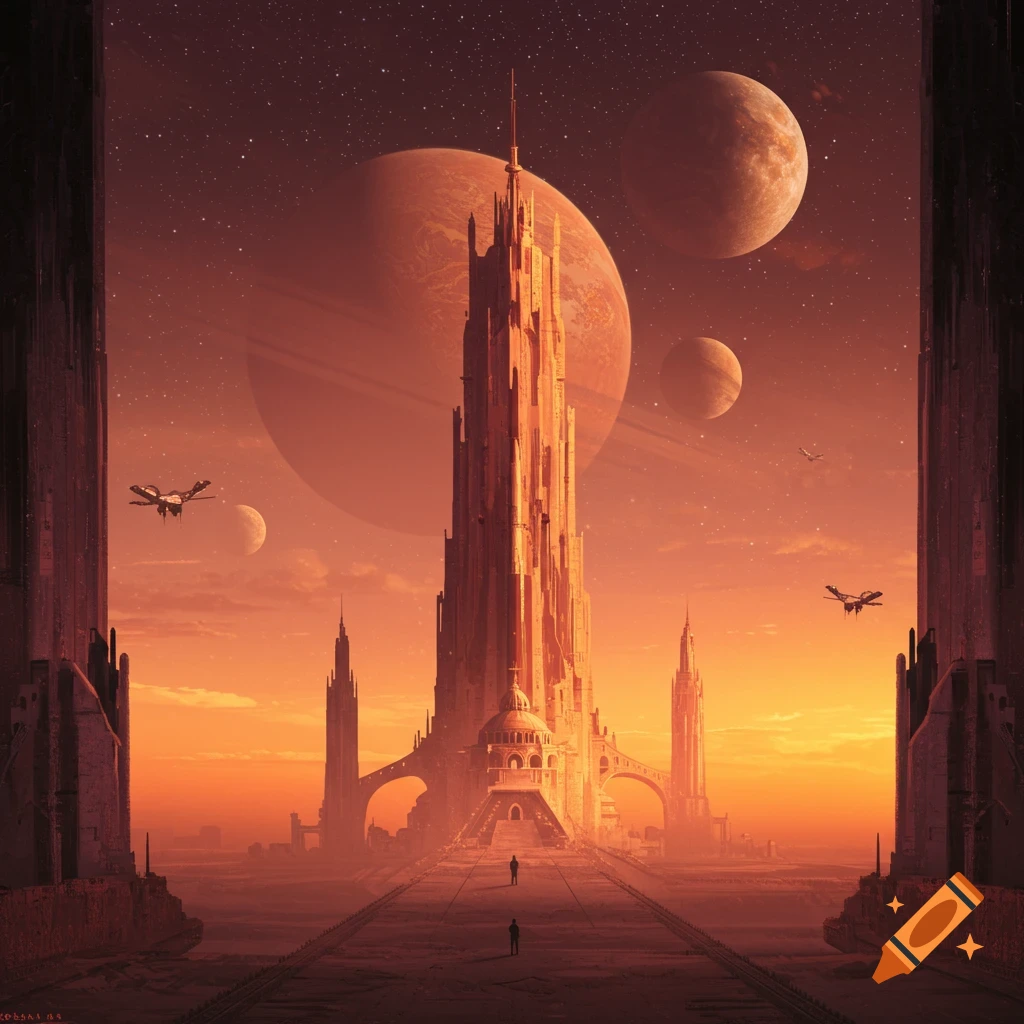 Futuristic towers rise under an orange sky, with large planets and moons visible. Tiny figures can be seen on a walkway.