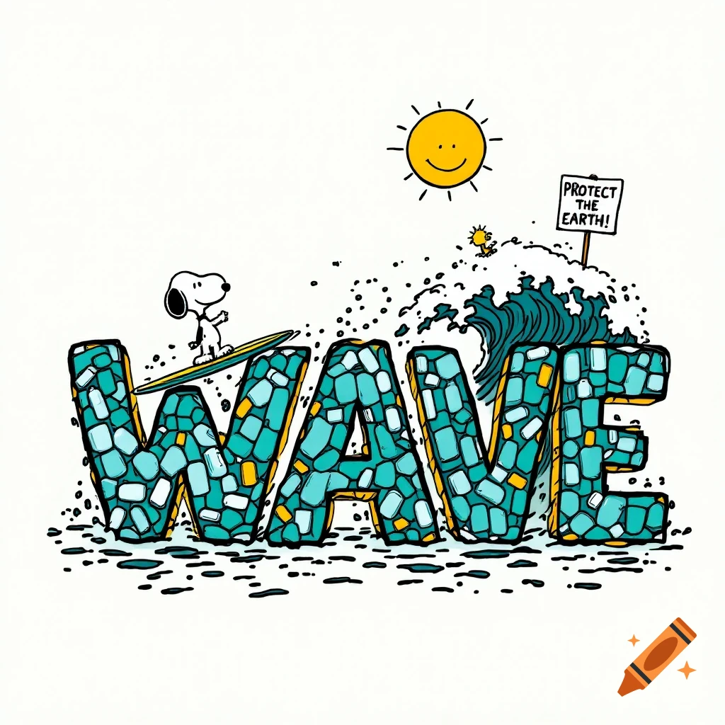 Cartoon illustration in the style of Peanuts. Snoopy surfs on the letters of the word WAVE, which are made of blue and yellow blocks. A wave crests behind the letters, with water splashes. A smiley sun is above, and a sign reads PROTECT THE EARTH!