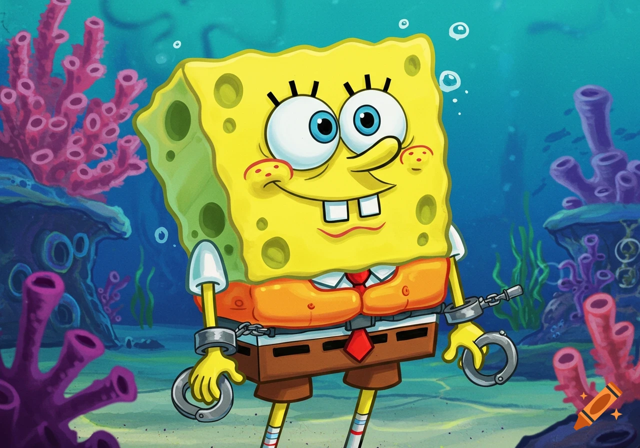 Spongebob Squarepants in handcuffs and a lifejacket underwater.