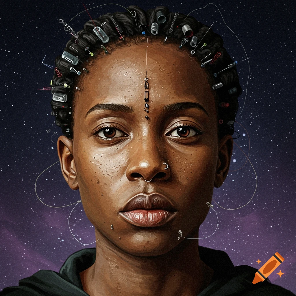 A person with electronic components woven into their hair, against a starry sky.