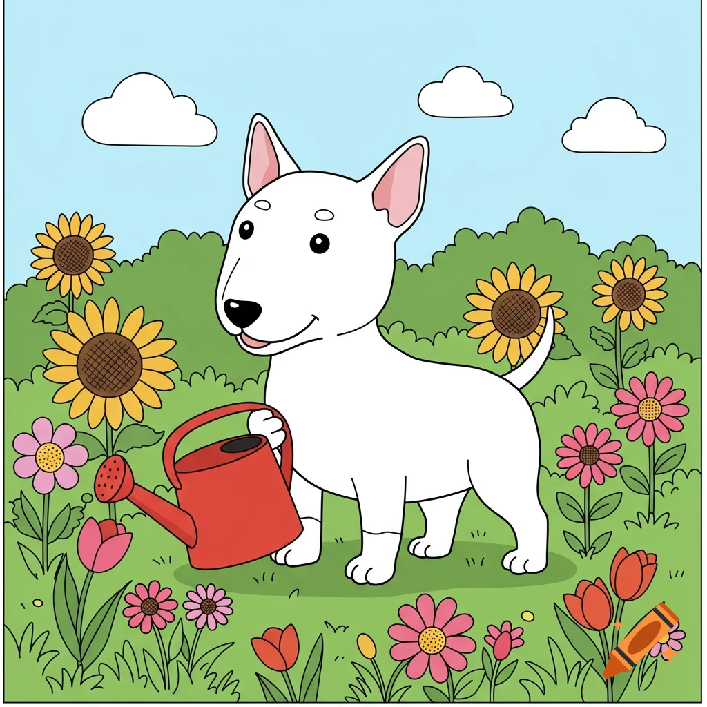 A cartoon white bull terrier holds a red watering can in a field of colorful flowers.