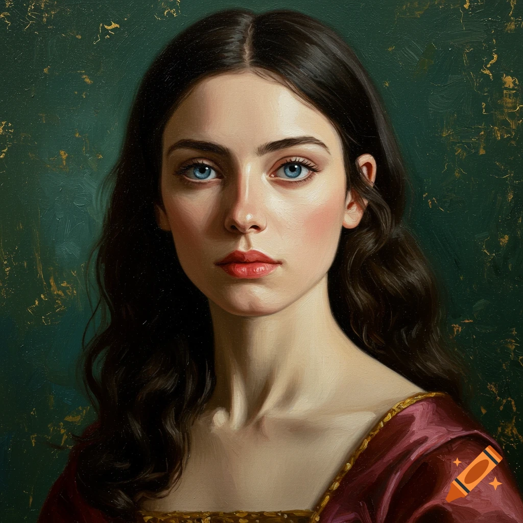 Oil painting portrait of a young woman with dark hair and blue eyes.