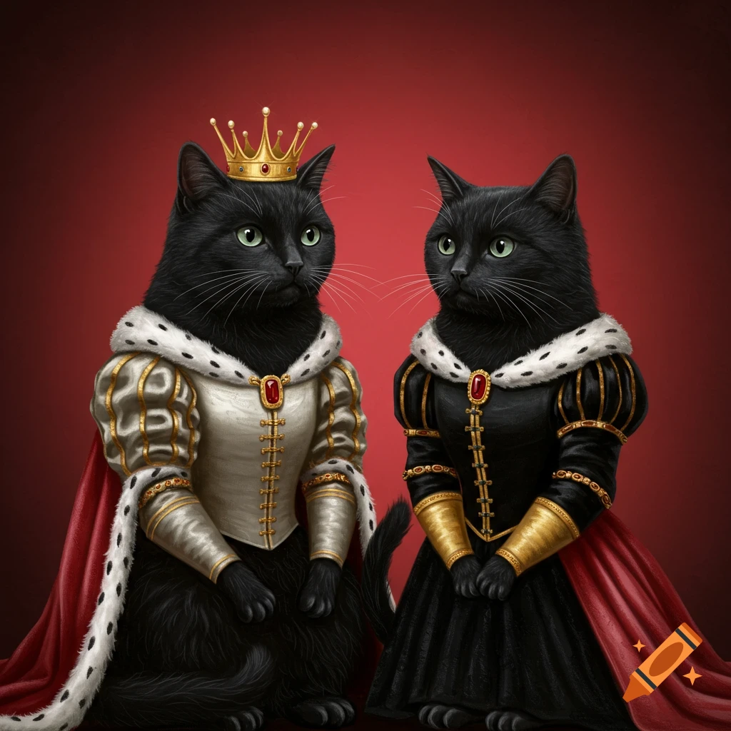 Two black cats dressed as royalty against a red background.