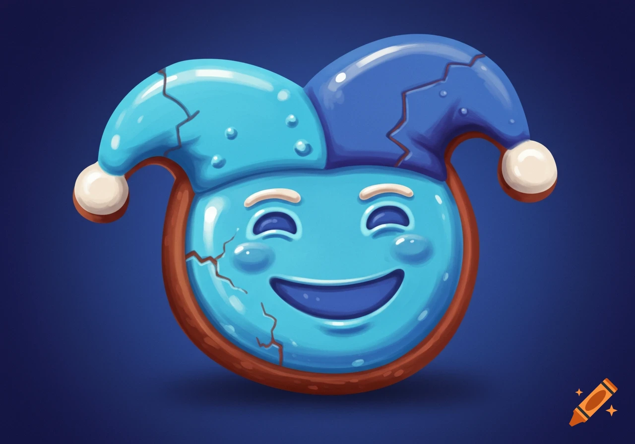 A blue jester cookie with a smile and cracks in the icing.