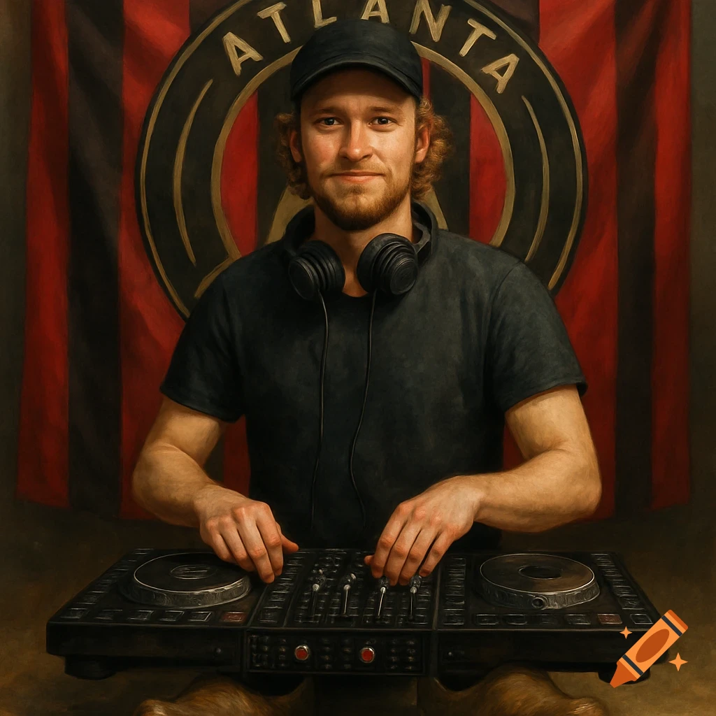 Painting of a man with headphones around his neck, mixing on DJ equipment, in front of an Atlanta United flag.