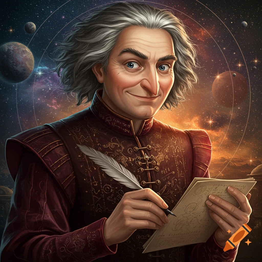 A man in historical clothing writes with a quill on paper, with planets and stars in the background.