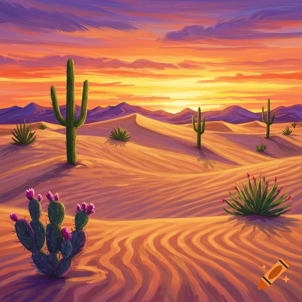 Colorful impressionist depiction of a desert landscape with cacti under a sunset sky.