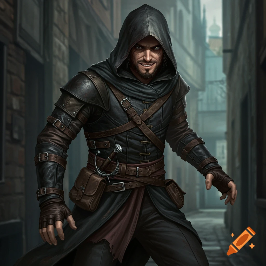 A fantasy rogue in a hooded cloak and leather armor stands in an alley.